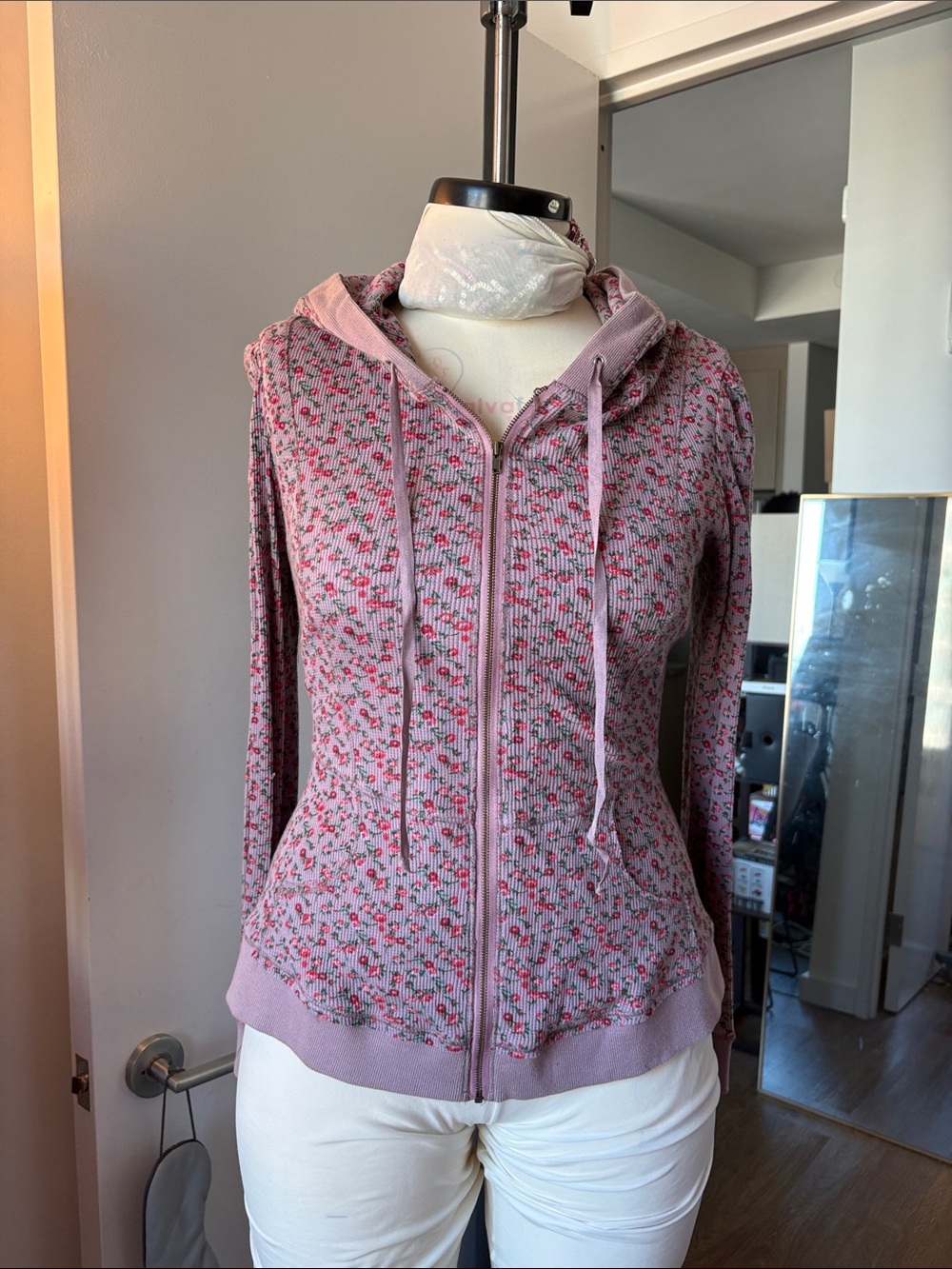 Pink Floral Zip-Up Hoodie Jacket